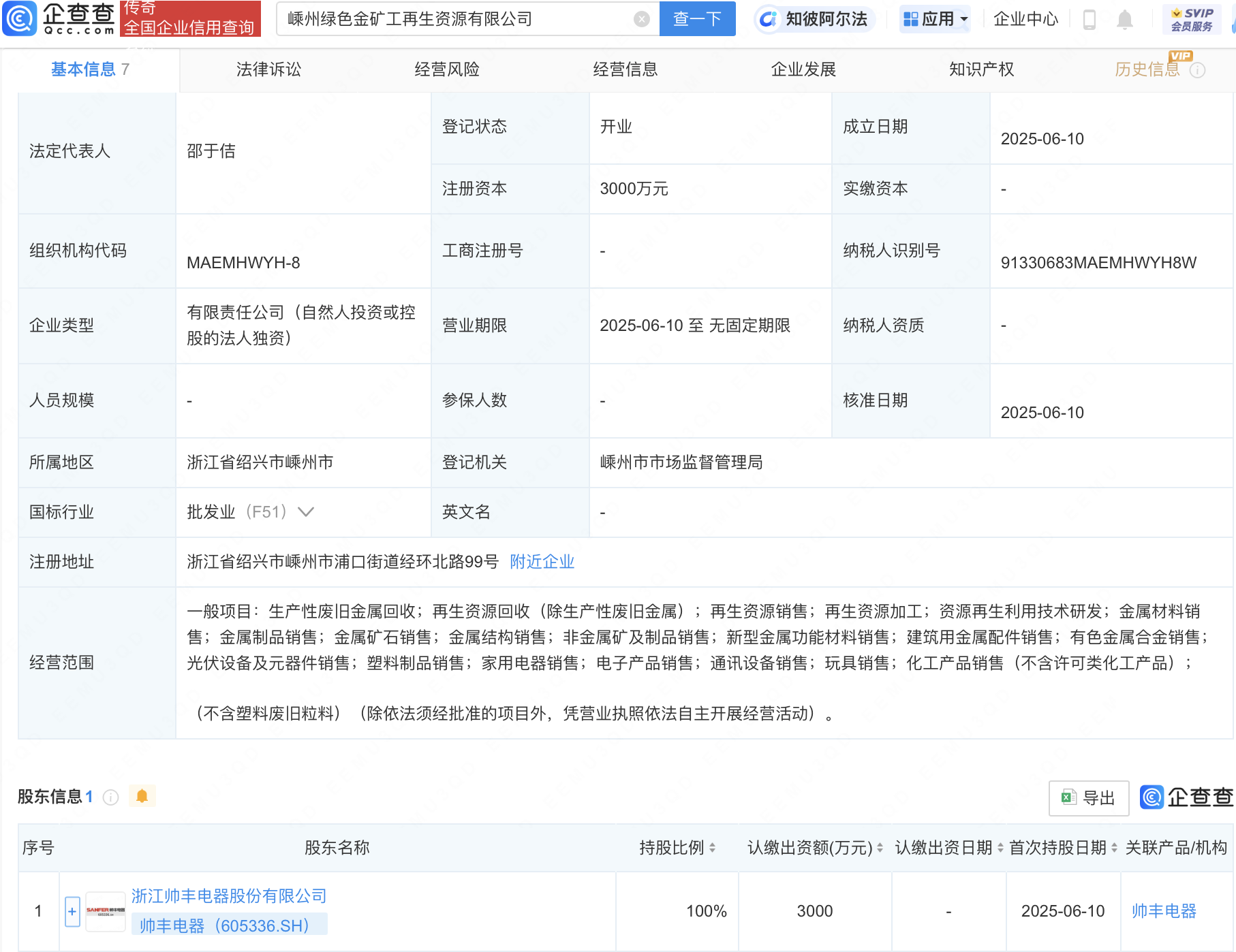 帅丰电器成立绿色金矿工再生资源公司